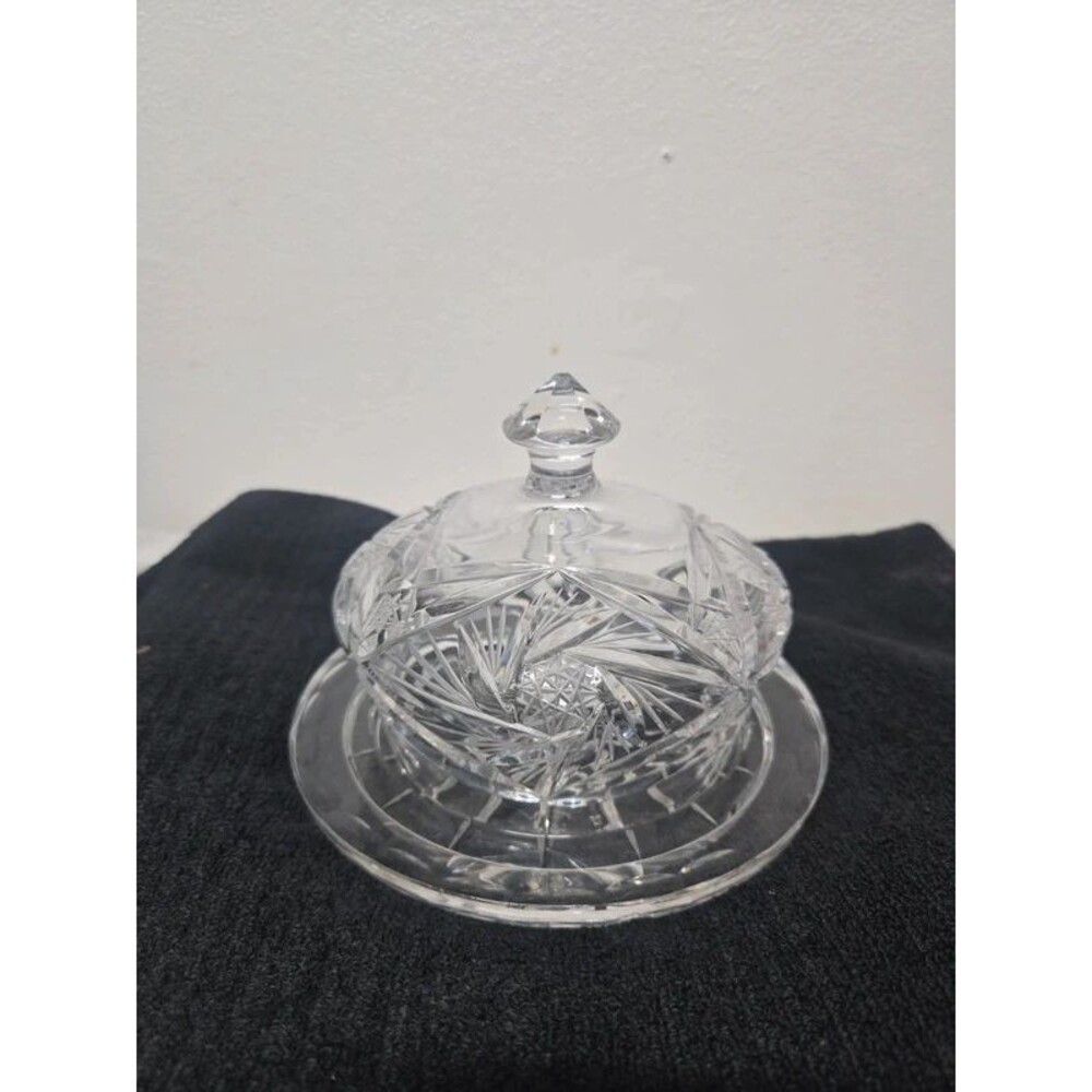 vintage Pinwheel Cut Crystal Round Domed Butter Dish Covered Cheese Glassware